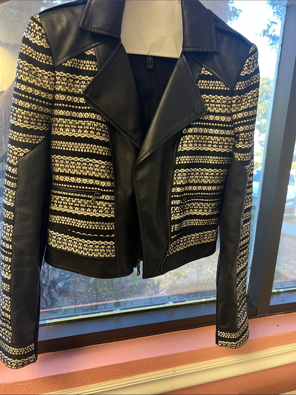 Black & Gold  BCBG MaxAzria Patterned Faux Leather Moto Jacket